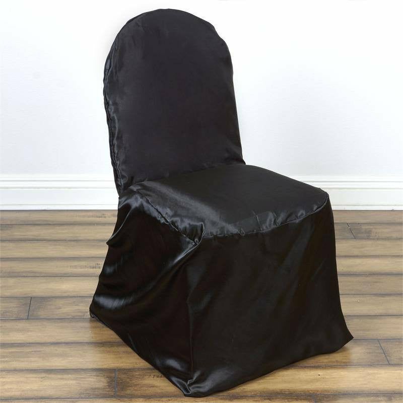 Black Glossy Satin Banquet Chair Covers, Reusable Elegant Chair Covers  |   Polyester & Satin Banquet Chair Covers Black