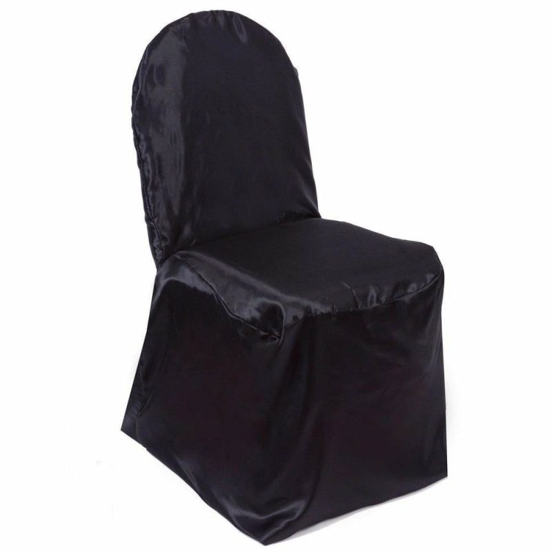 Black Glossy Satin Banquet Chair Covers, Reusable Elegant Chair Covers  |   Polyester & Satin Banquet Chair Covers Black