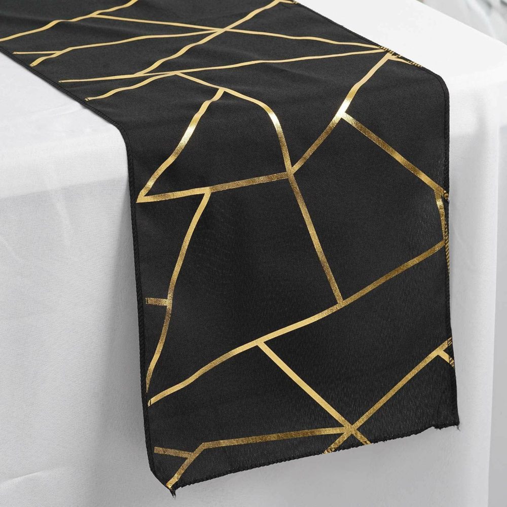 Black / Gold Foil Geometric Pattern Polyester Table Runner 9ft  |   Polyester Polyester Black/Gold