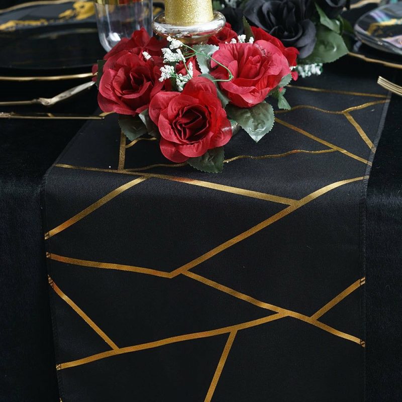 Black / Gold Foil Geometric Pattern Polyester Table Runner 9ft  |   Polyester Polyester Black/Gold