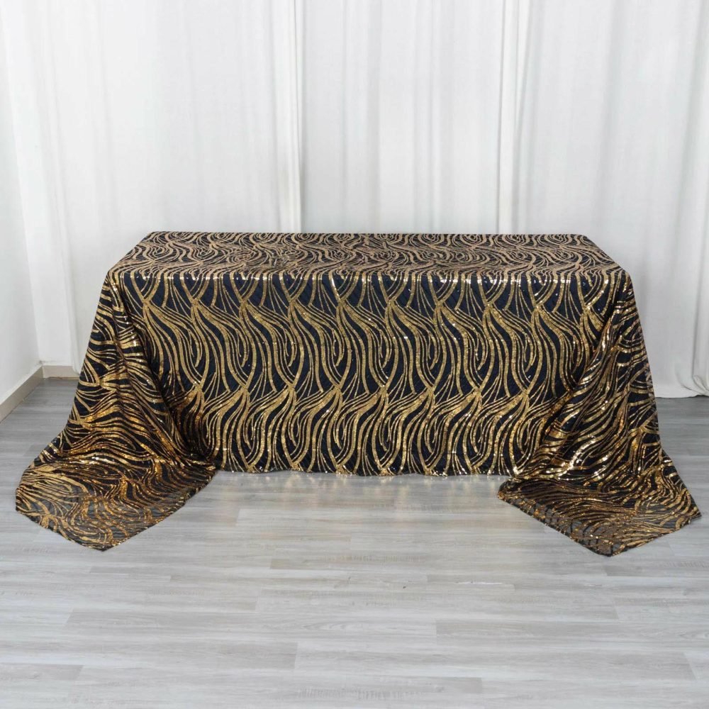 Black Gold Wave Mesh Rectangular Tablecloth With Embroidered Sequins 90″x156″ for 8 Foot Table With Floor-Length Drop  |   Sequin Sequin Black