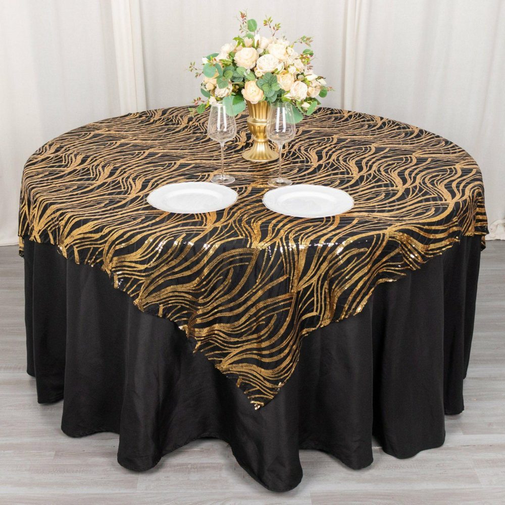 Black Gold Wave Mesh Square Table Overlay With Embroidered Sequins 72″x72″  |   Sequin Sequin Black/Gold