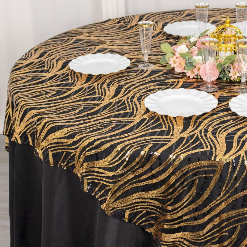 Black Gold Wave Mesh Square Table Overlay With Embroidered Sequins 72″x72″  |   Sequin Sequin Black/Gold