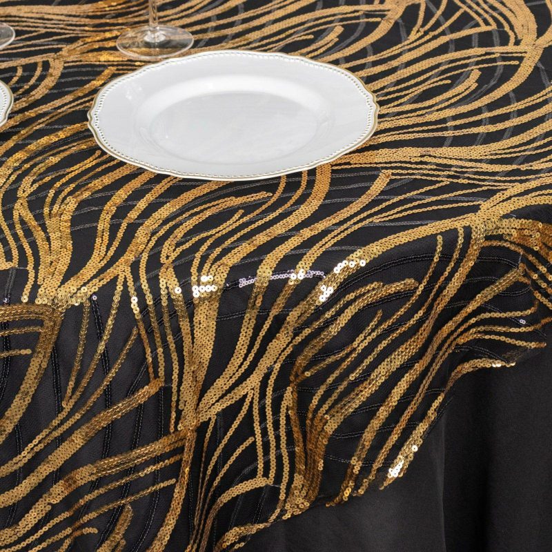 Black Gold Wave Mesh Square Table Overlay With Embroidered Sequins 72″x72″  |   Sequin Sequin Black/Gold