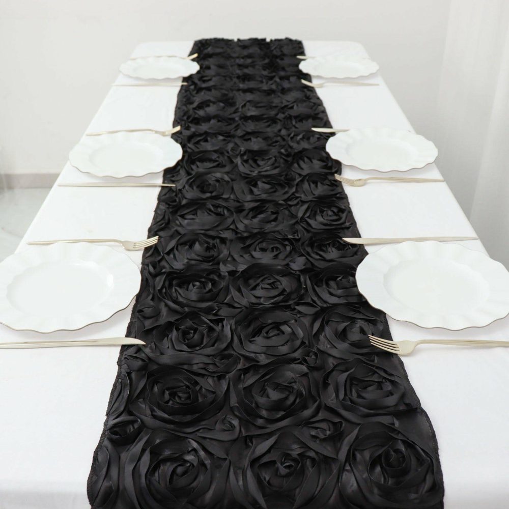 Black Grandiose Rosette Satin Table Runner 14″x108″  |   Satin & Taffeta Satin & Taffeta Black