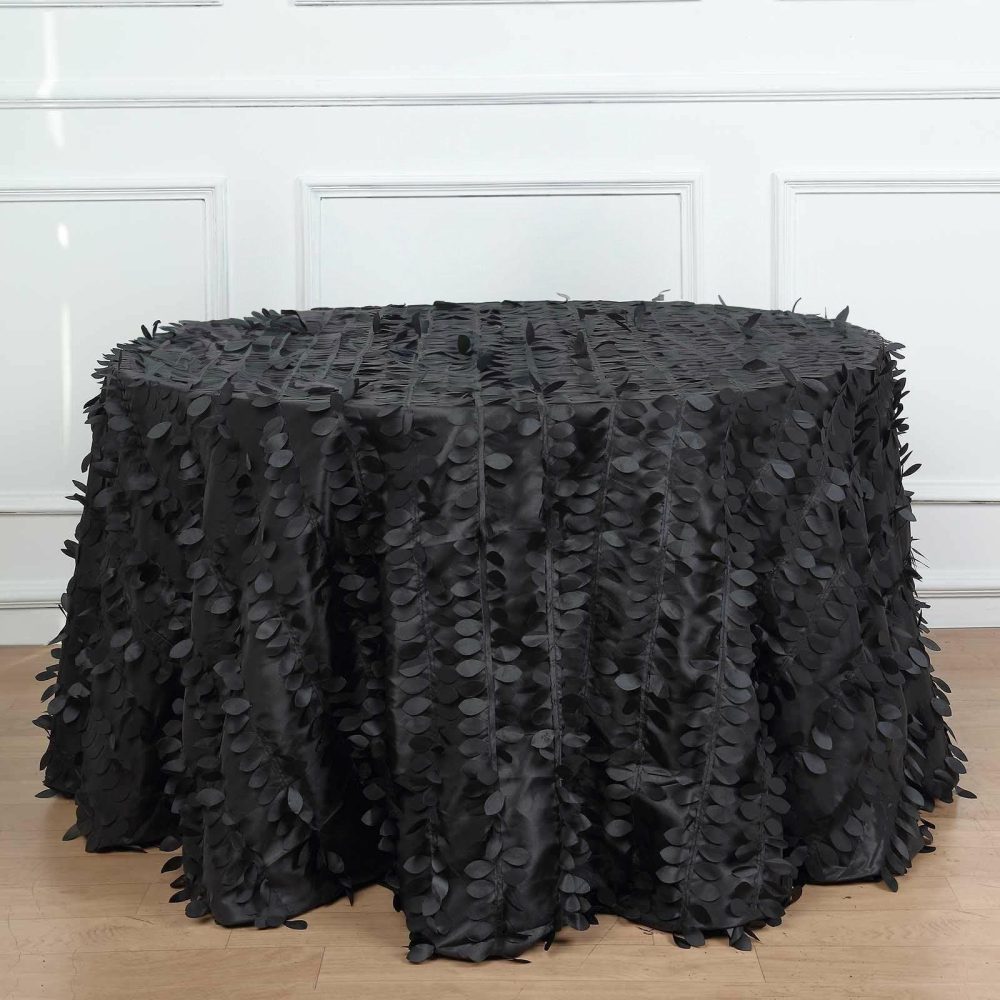 Black Leaf Petal Taffeta Seamless Round Tablecloth 120″ for 5 Foot Table With Floor-Length Drop  |   Pintuck, Crinkle & Leaf Pintuck, Crinkle & Leaf Black