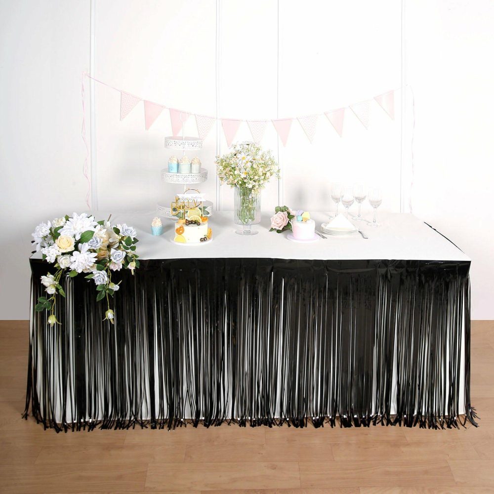 Black Metallic Foil Fringe Table Skirt, Self Adhesive Tinsel Table Skirt 30″x9ft  |   Disposable Tablecloth Disposable Tablecloth Black