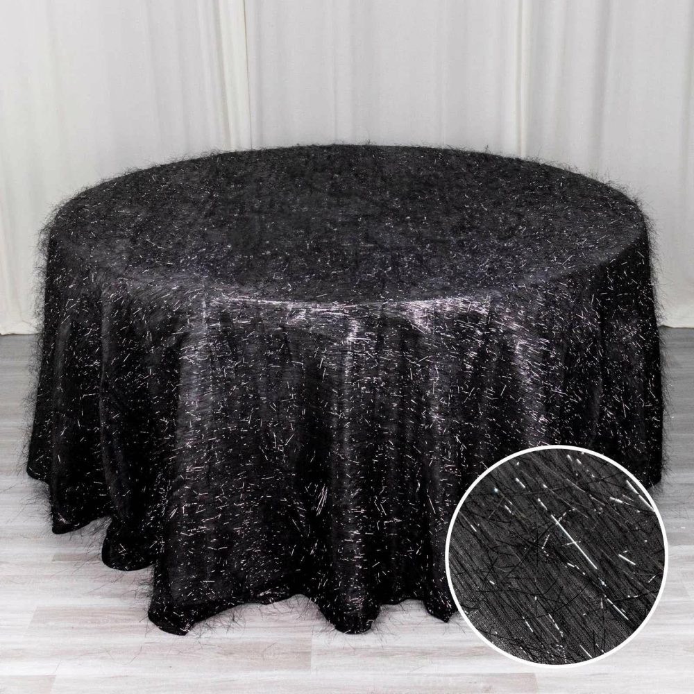 Black Metallic Fringe Shag Tinsel Round Polyester Tablecloth 120″ for 5 Foot Table With Floor-Length Drop  |   Sparkly Shimmer Tablecloths Black