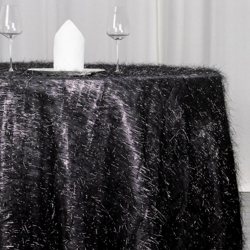 Black Metallic Fringe Shag Tinsel Round Polyester Tablecloth 120″ for 5 Foot Table With Floor-Length Drop  |   Sparkly Shimmer Tablecloths Black