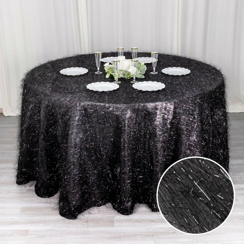 Black Metallic Fringe Shag Tinsel Round Polyester Tablecloth 120″ for 5 Foot Table With Floor-Length Drop  |   Sparkly Shimmer Tablecloths Black