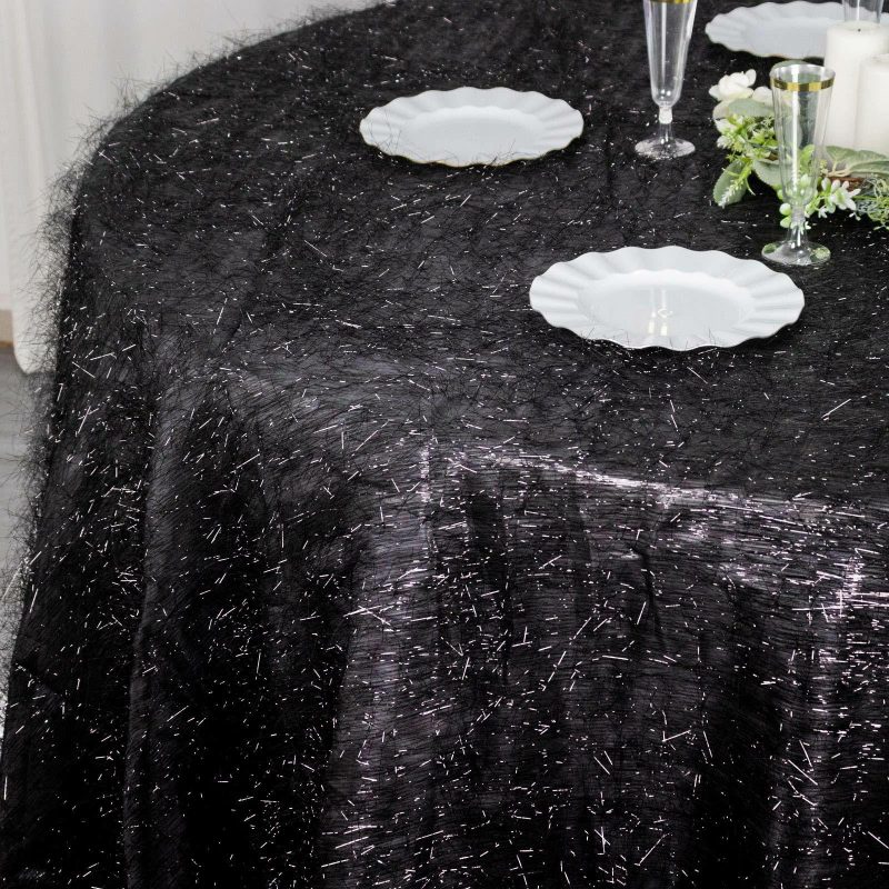 Black Metallic Fringe Shag Tinsel Round Polyester Tablecloth 120″ for 5 Foot Table With Floor-Length Drop  |   Sparkly Shimmer Tablecloths Black