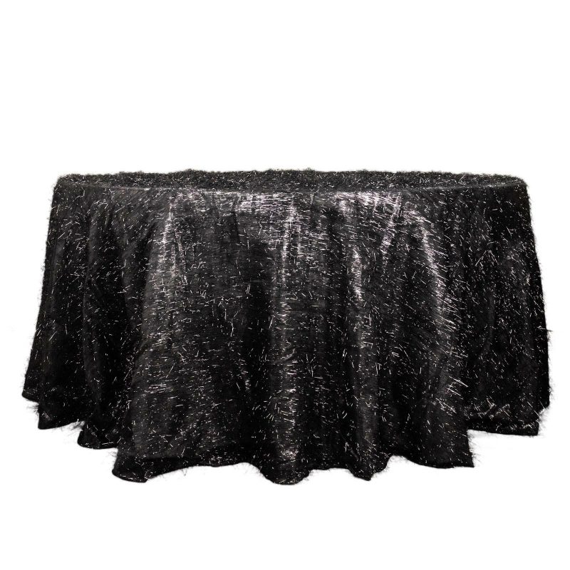 Black Metallic Fringe Shag Tinsel Round Polyester Tablecloth 120″ for 5 Foot Table With Floor-Length Drop  |   Sparkly Shimmer Tablecloths Black