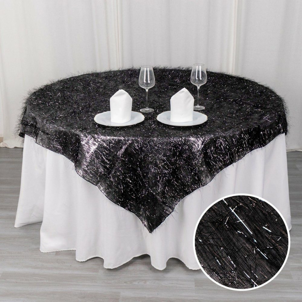 Black Metallic Fringe Shag Tinsel Square Polyester Table Overlay 72″  |   Sparkly Shimmer Sparkly Shimmer Black