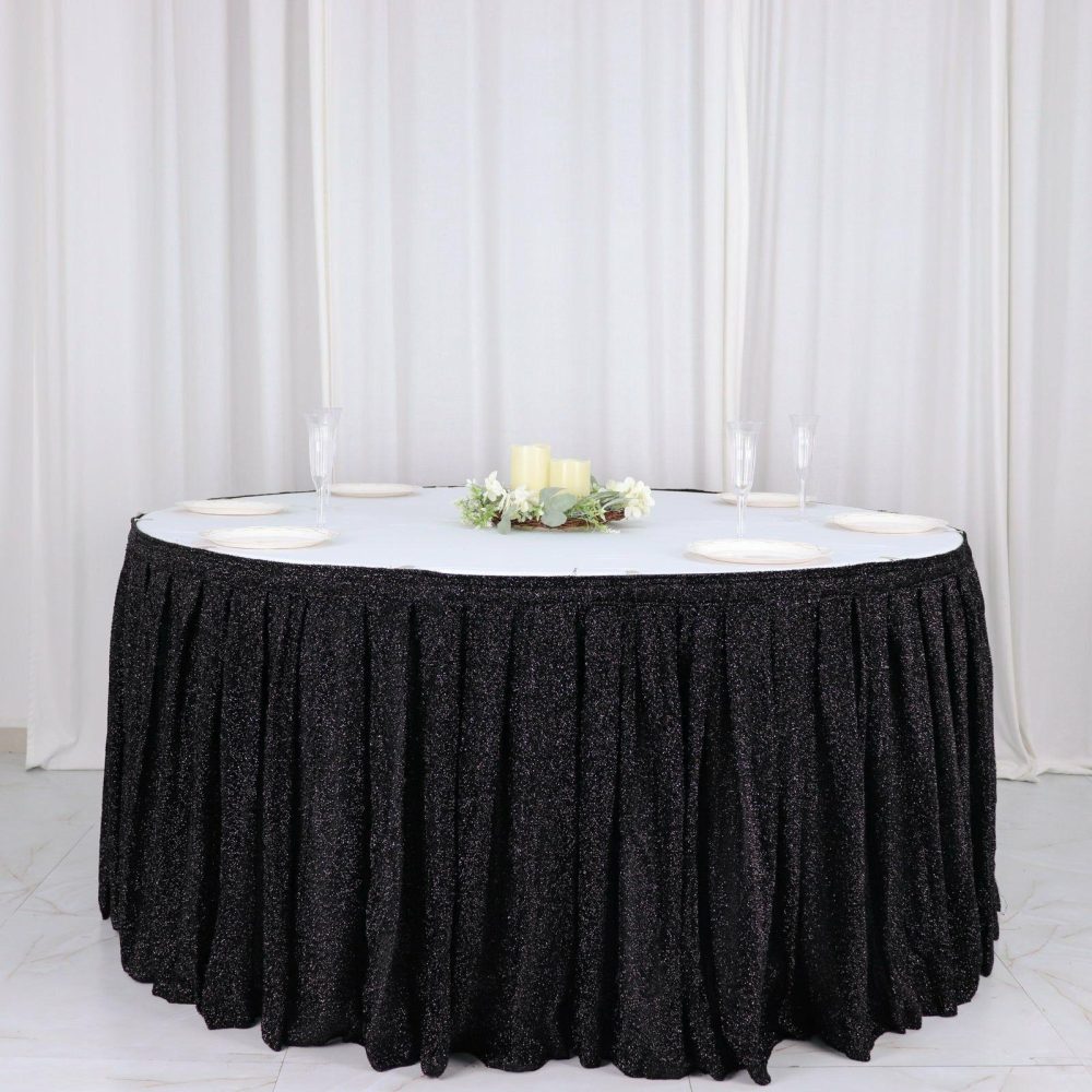 Black Metallic Shimmer Tinsel Spandex Pleated Table Skirt with Top Velcro Strip 17ft  |   Satin Shimmer Satin Shimmer Black