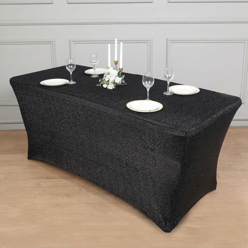 Black Metallic Shimmer Tinsel Spandex Tablecloth 6ft Rectangle Fitted Table Cover for 72″x30″ Tables  |   Spandex & Fitted Spandex & Fitted Black