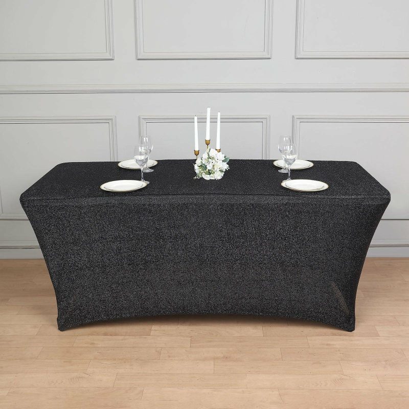 Black Metallic Shimmer Tinsel Spandex Tablecloth 6ft Rectangle Fitted Table Cover for 72″x30″ Tables  |   Spandex & Fitted Spandex & Fitted Black