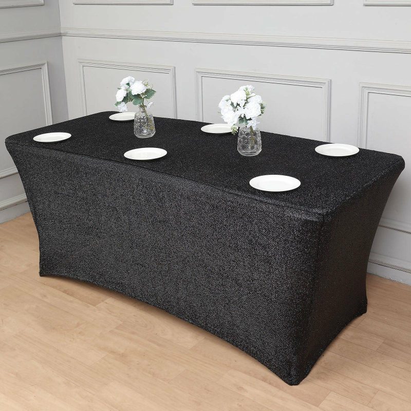 Black Metallic Shimmer Tinsel Spandex Tablecloth 6ft Rectangle Fitted Table Cover for 72″x30″ Tables  |   Spandex & Fitted Spandex & Fitted Black