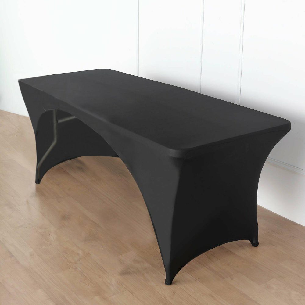 Black Open Back Stretch Spandex Table Cover 8ft Rectangular Fitted Tablecloth For 96″x30″ Tables  |   Spandex & Fitted Spandex & Fitted Black