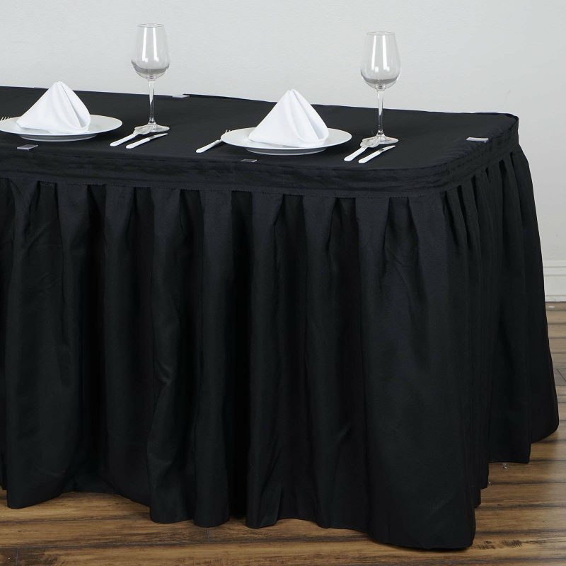 Black Pleated Polyester Table Skirt, Banquet Folding Table Skirt 14ft  |   Polyester Polyester Black