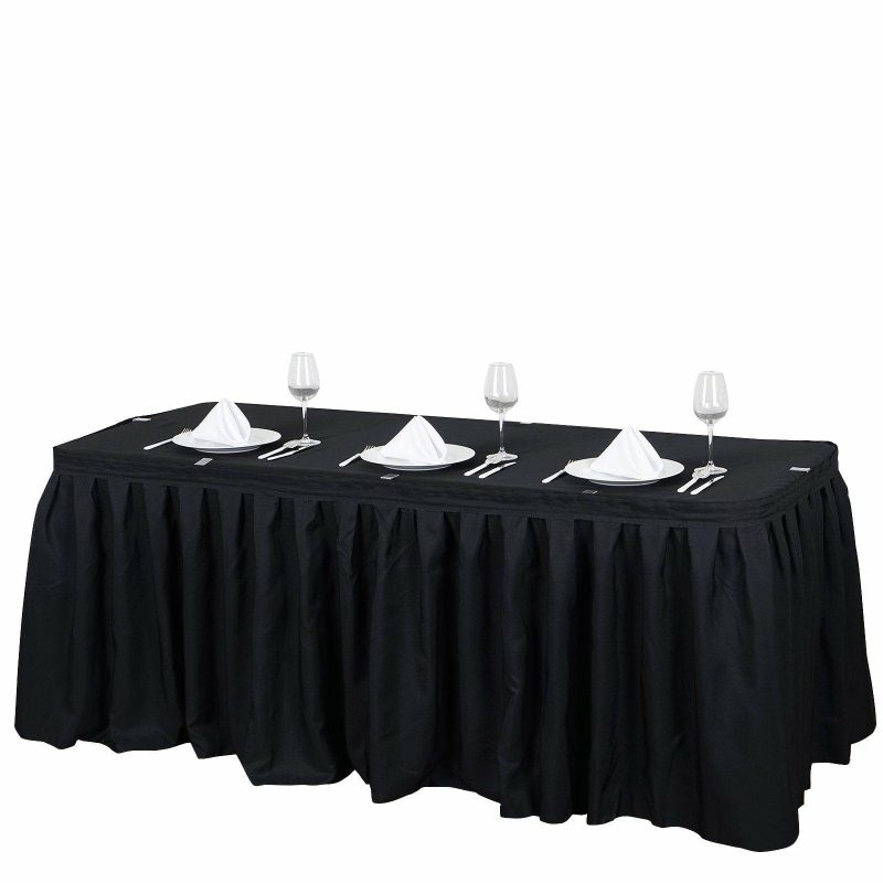 Black Pleated Polyester Table Skirt, Banquet Folding Table Skirt 14ft  |   Polyester Polyester Black