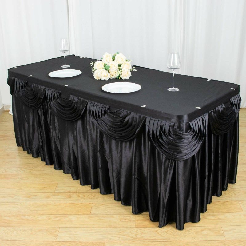 Black Pleated Satin Double Drape Table Skirt 14ft  |   Satin Shimmer Satin Shimmer Black