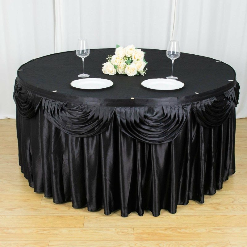 Black Pleated Satin Double Drape Table Skirt 14ft  |   Satin Shimmer Satin Shimmer Black