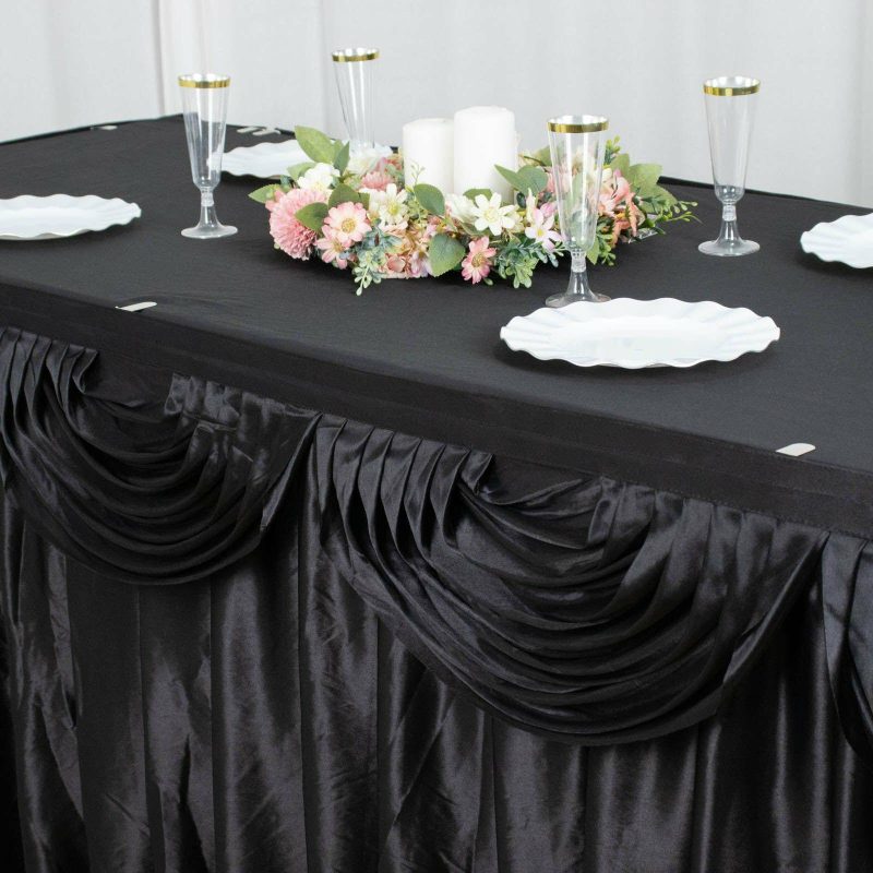 Black Pleated Satin Double Drape Table Skirt 14ft  |   Satin Shimmer Satin Shimmer Black