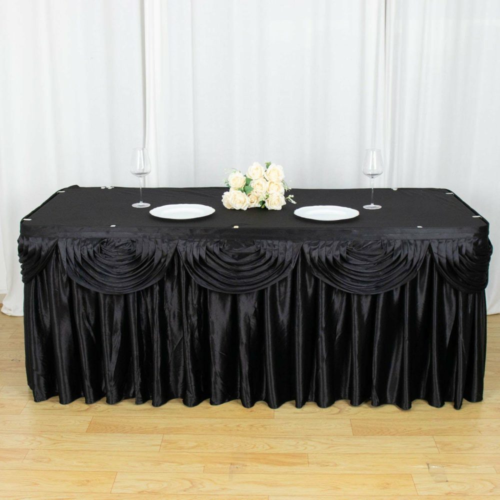 Black Pleated Satin Double Drape Table Skirt 21ft  |   Satin Shimmer Satin Shimmer Black