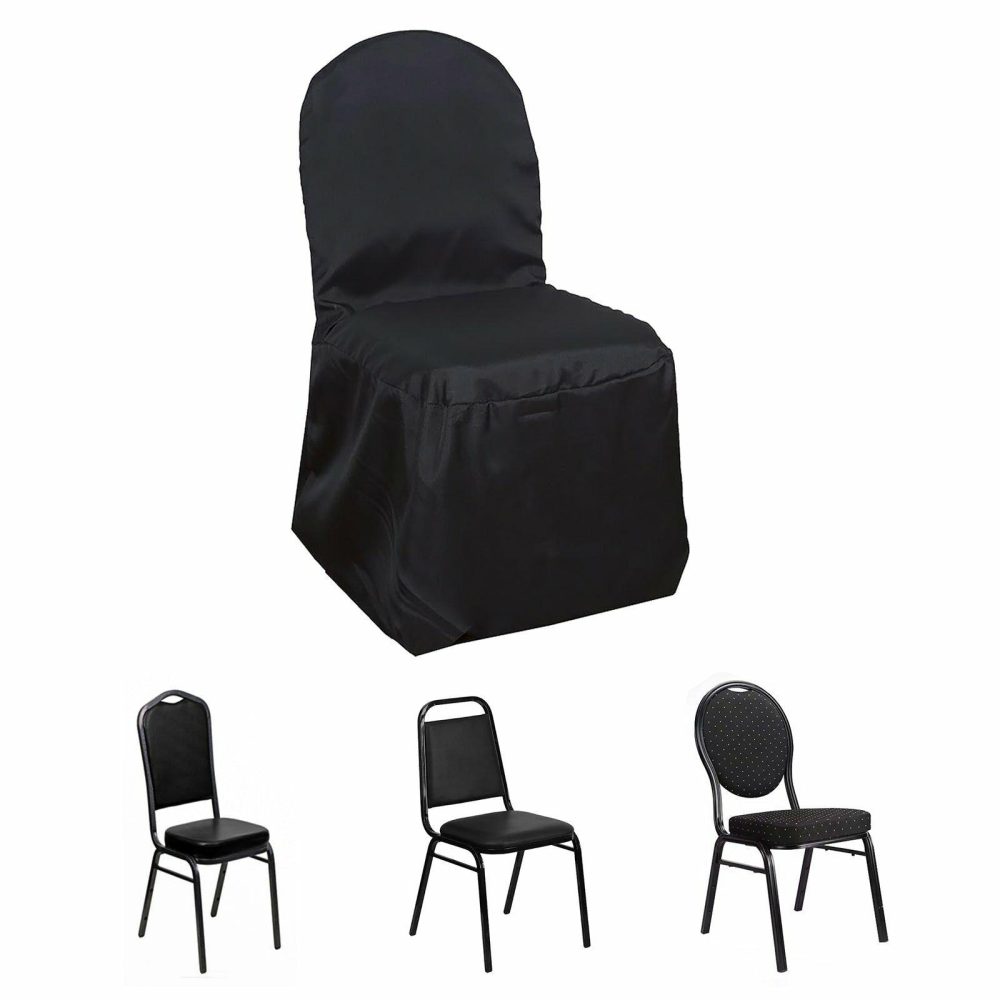 Black Polyester Banquet Chair Cover, Reusable Stain Resistant Slip On Chair Cover  |   Polyester & Satin Banquet Chair Covers Black