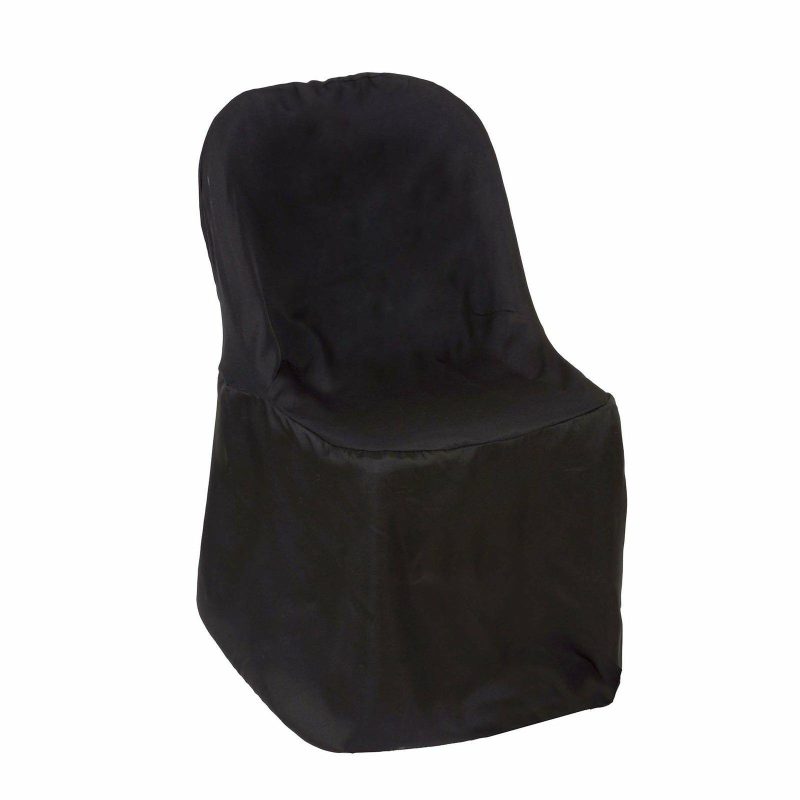 Black Polyester Folding Chair Cover, Reusable Stain Resistant Slip On Chair Cover  |   Polyester & Satin Folding Chair Covers Black