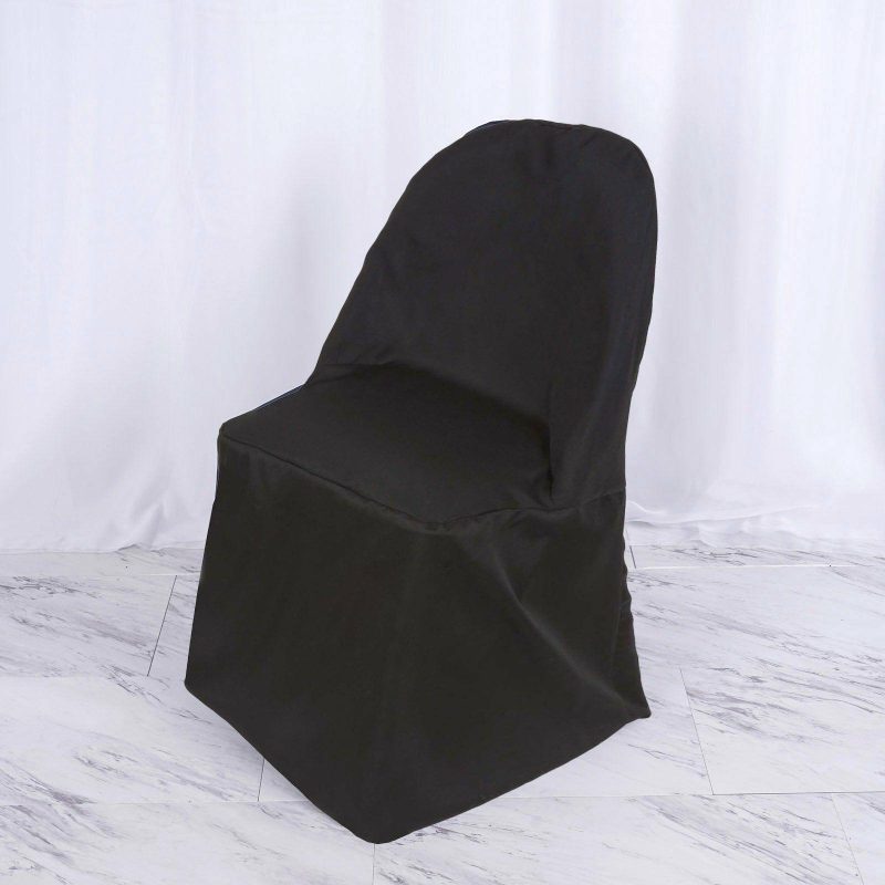 Black Polyester Folding Chair Cover, Reusable Stain Resistant Slip On Chair Cover  |   Polyester & Satin Folding Chair Covers Black