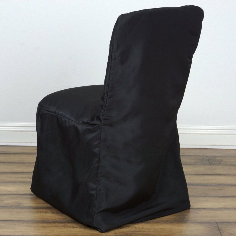 Black Polyester Square Top Banquet Chair Cover, Reusable Slip On Chair Cover  |   Polyester & Satin Banquet Chair Covers Black