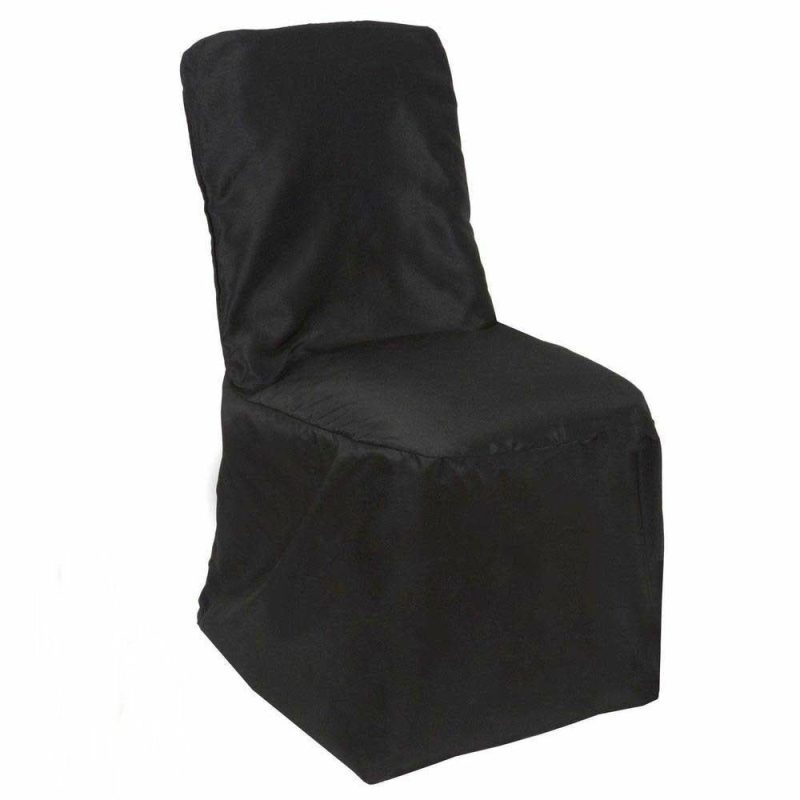 Black Polyester Square Top Banquet Chair Cover, Reusable Slip On Chair Cover  |   Polyester & Satin Banquet Chair Covers Black