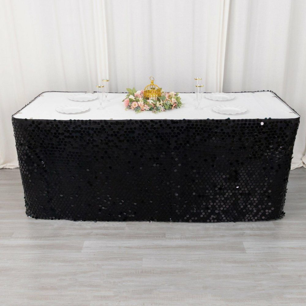 Black Premium Big Payette Sequin Dual Layered Satin Table Skirt 21ft  |   Satin Shimmer Satin Shimmer Black