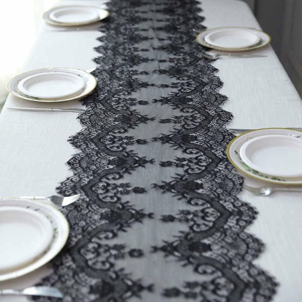 Black Premium Lace Fabric Table Runner, Vintage Classic Table Decor With Scalloped Frill Edges 15″x117″  |   Jute Burlap & Lace Jute Burlap & Lace Black