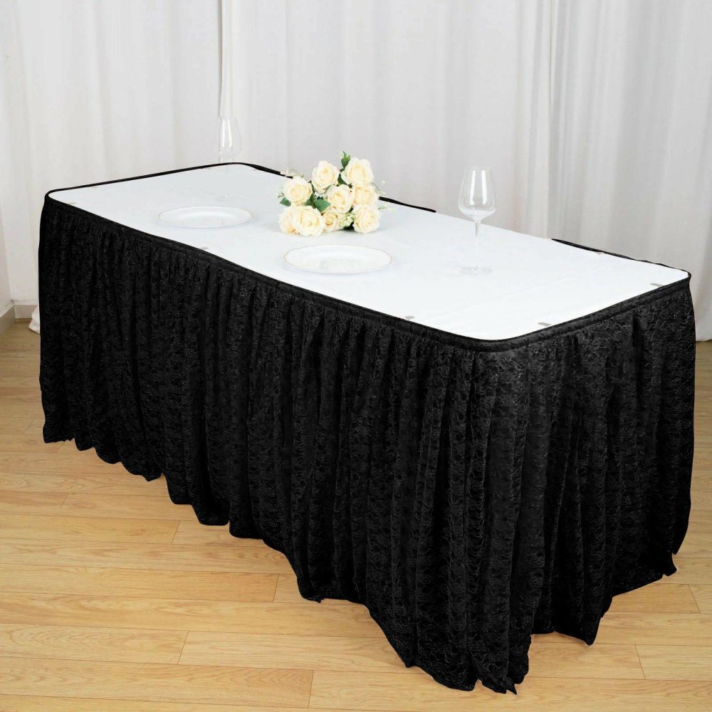 Black Premium Pleated Lace Table Skirt 14ft  |   Jute Burlap & Lace Jute Burlap & Lace Black