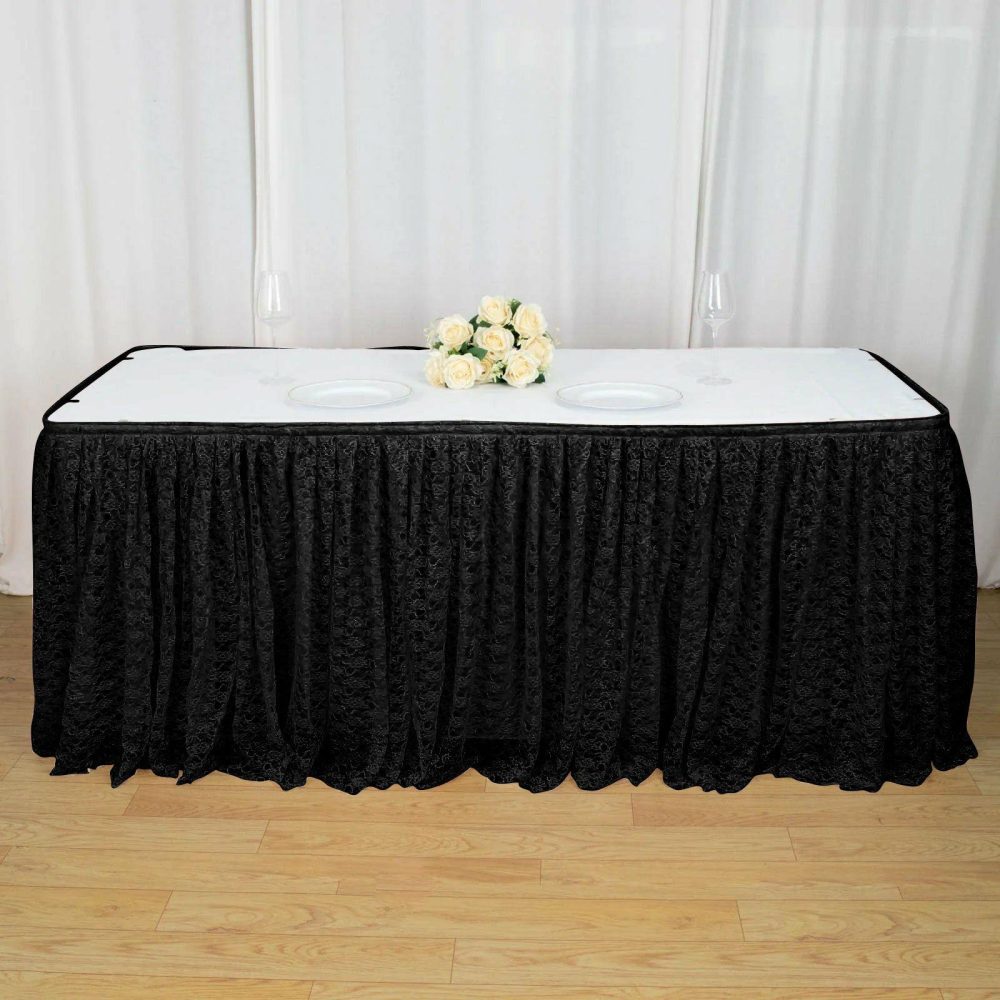 Black Premium Pleated Lace Table Skirt 21ft  |   Jute Burlap & Lace Jute Burlap & Lace Black