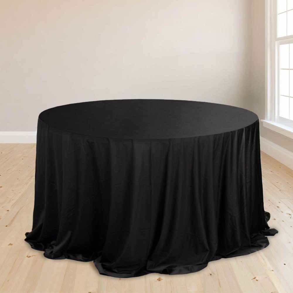 Black Premium Scuba Round Tablecloth, Wrinkle Free Polyester Seamless Tablecloth 132″ for 6 Foot Table With Floor-Length Drop  |   Polyester Polyester Black