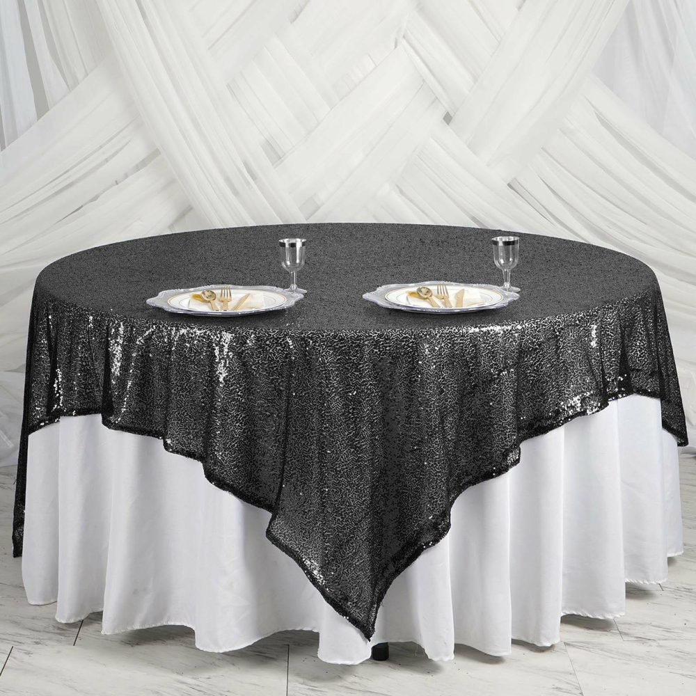 Black Premium Sequin Square Table Overlay, Sparkly Table Overlay 90″x90″  |   Sequin Sequin Black