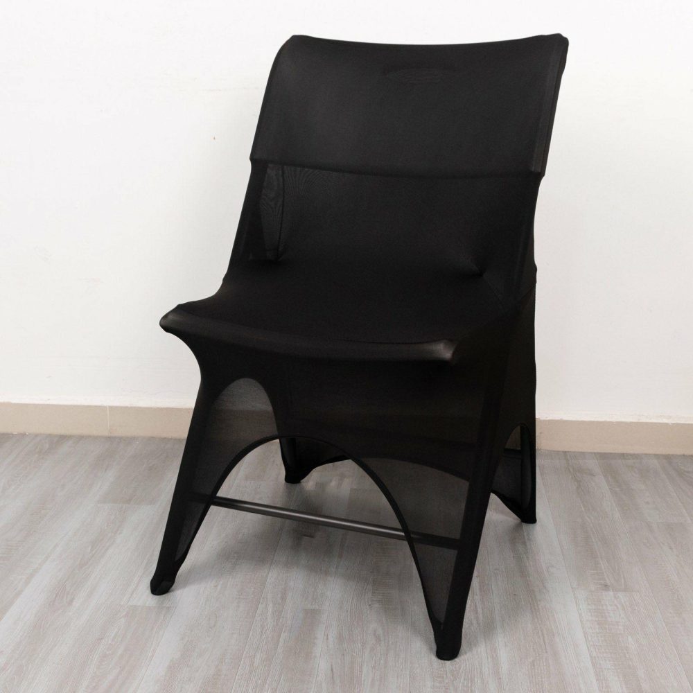 Black Premium Spandex Folding Chair Cover With 3-Way Open Arch, Fitted Stretched Wedding Chair Cover with Foot Pockets 160 GSM  |   Spandex Fitted Folding Chair Covers Black