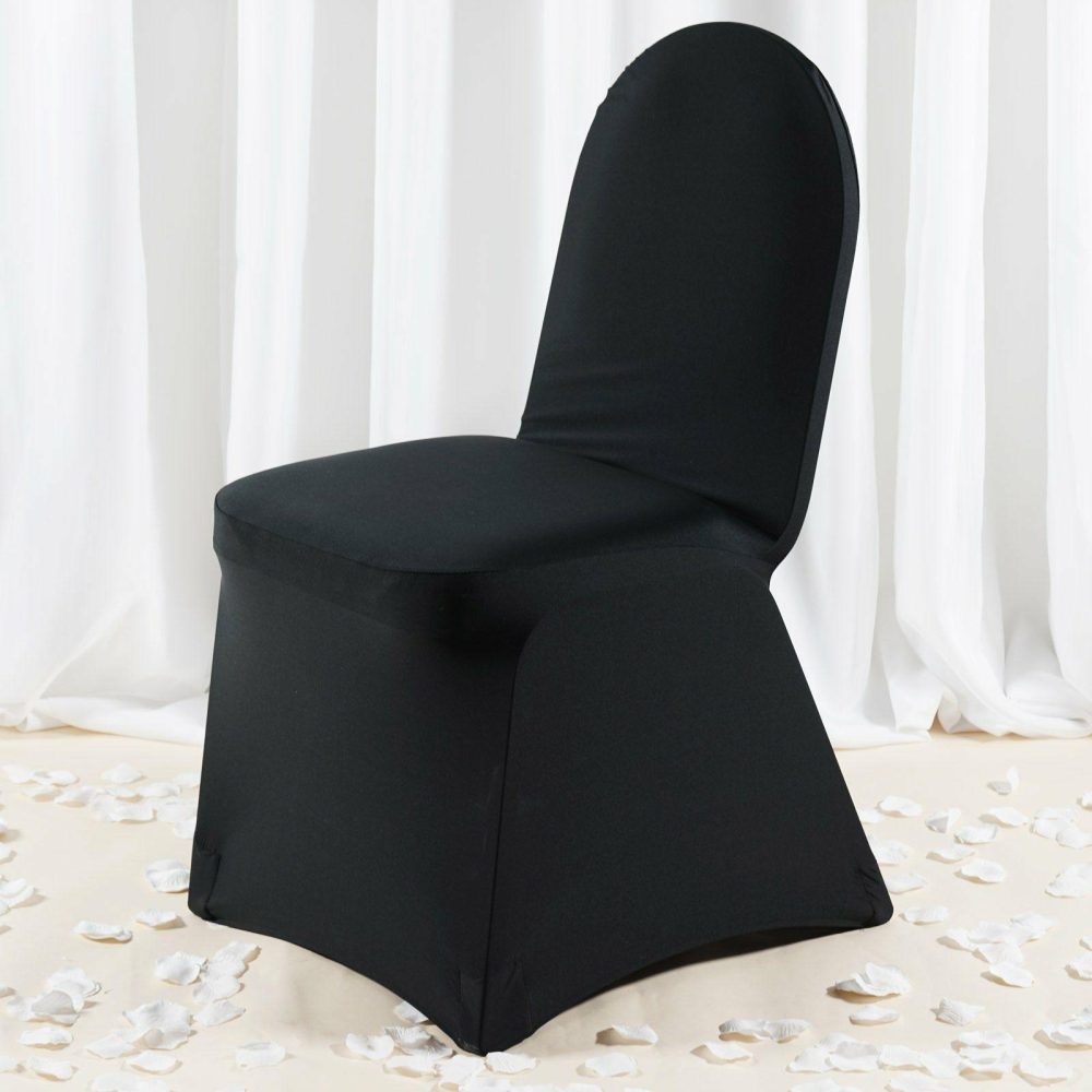 Black Premium Spandex Stretch Fitted Banquet Chair Cover With Foot Pockets 220 GSM  |   Spandex Fitted Banquet Chair Covers Black