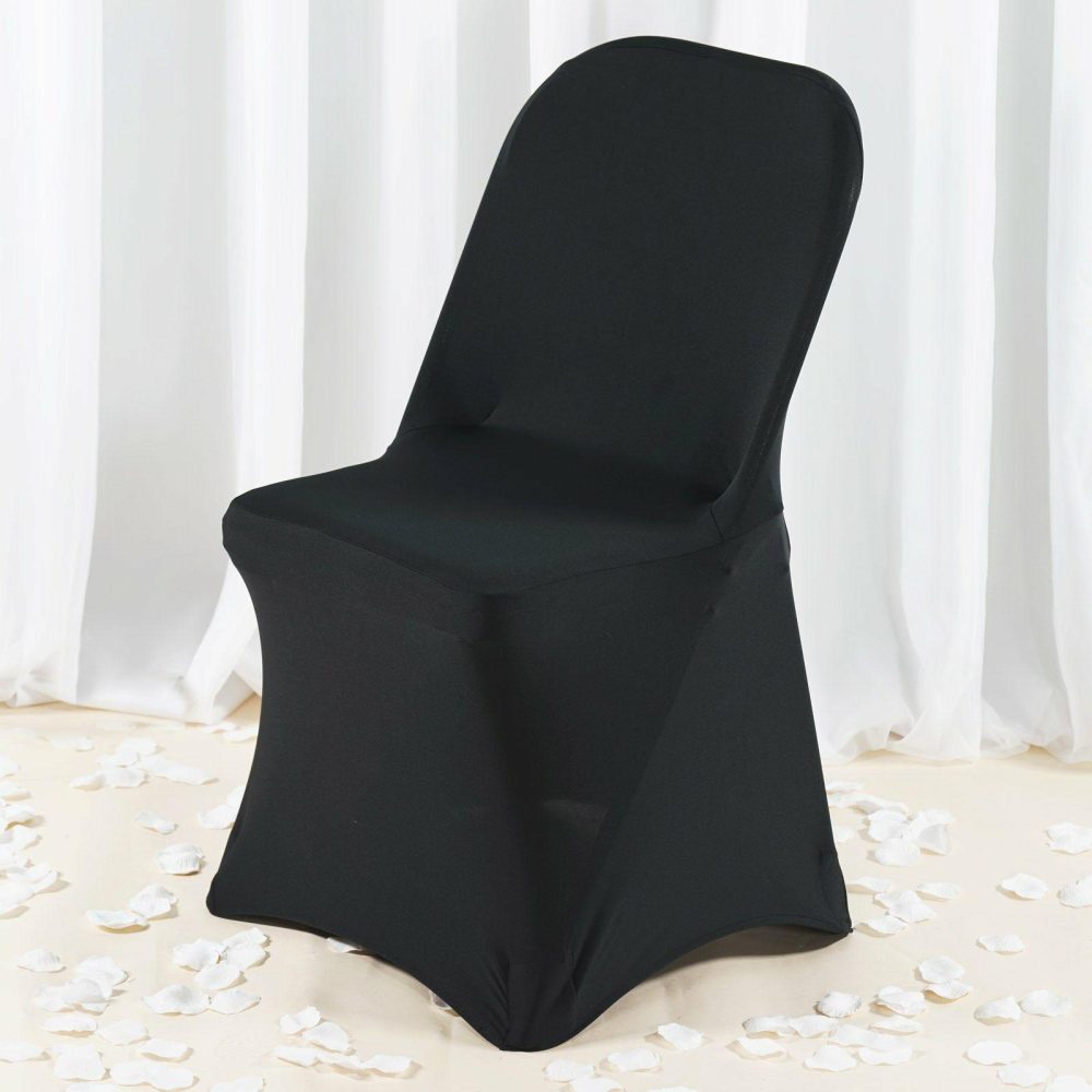 Black Premium Spandex Stretch Fitted Folding Chair Cover With Foot Pockets 220 GSM  |   Spandex Fitted Folding Chair Covers Black