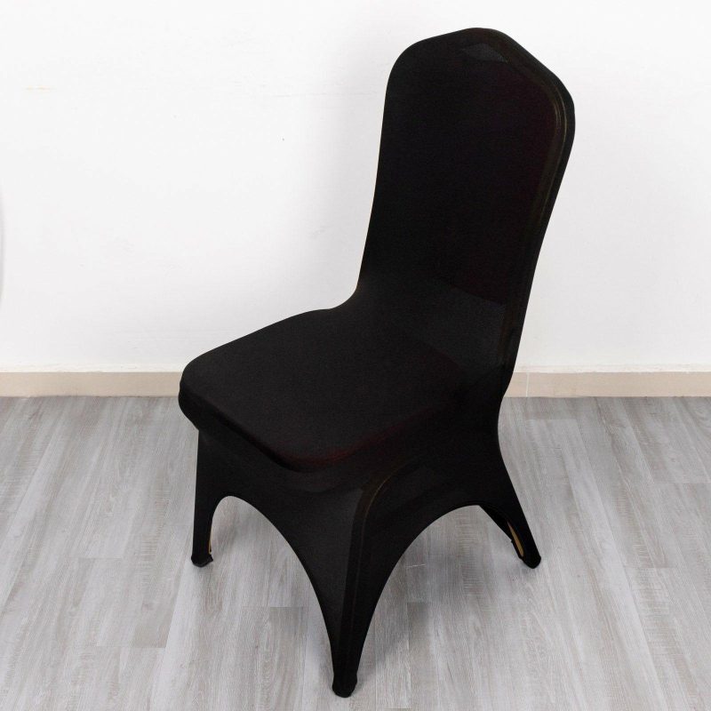 Black Premium Stretch Spandex Banquet Chair Cover, Fitted Wedding Chair Cover with Foot Pockets 160 GSM 3-Way Open Arch  |   Spandex Fitted Banquet Chair Covers Black