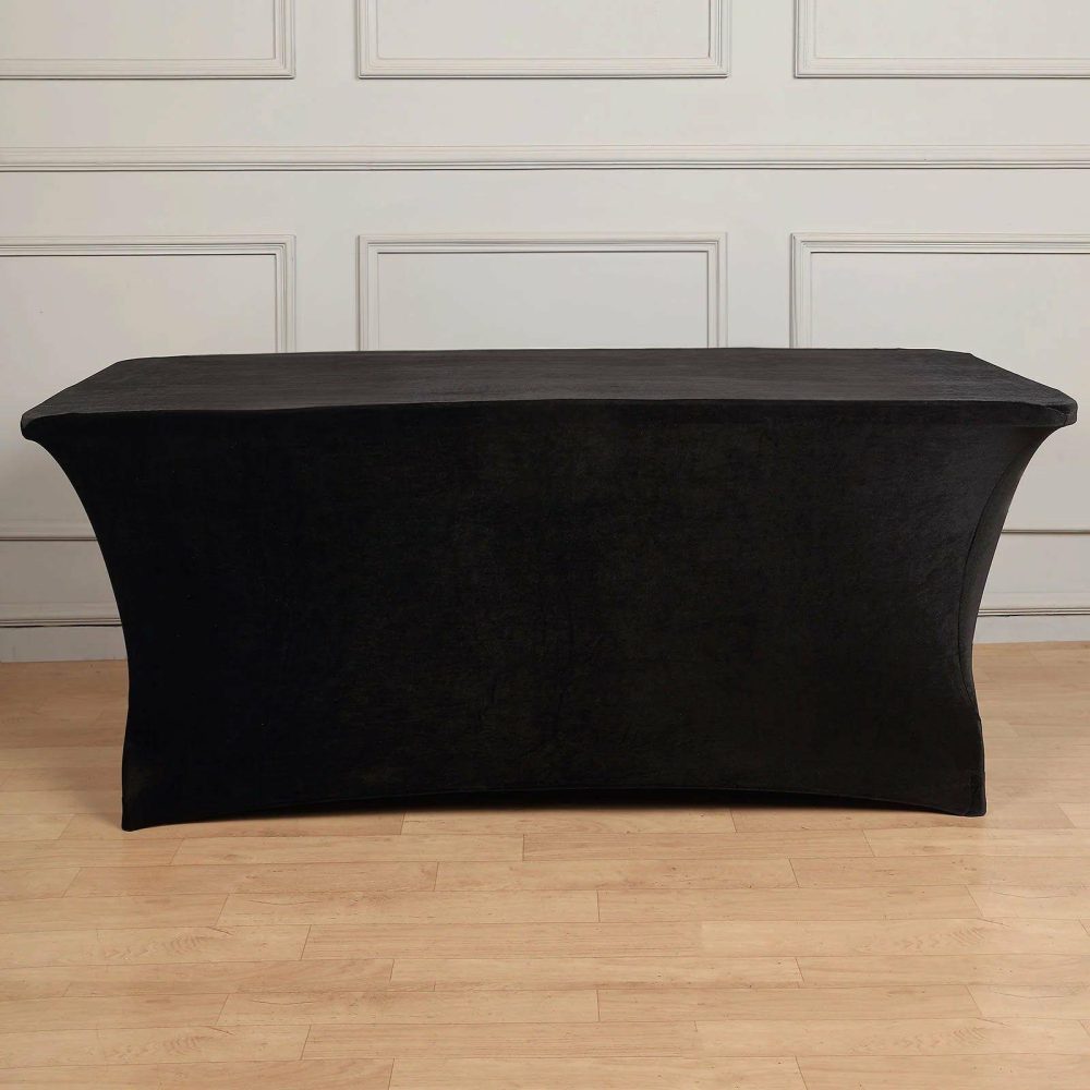 Black Premium Velvet Spandex Rectangle Tablecloth 6ft Wrinkle Free Fitted Table Cover for 72″x30″ Tables  |   Spandex & Fitted Spandex & Fitted Black