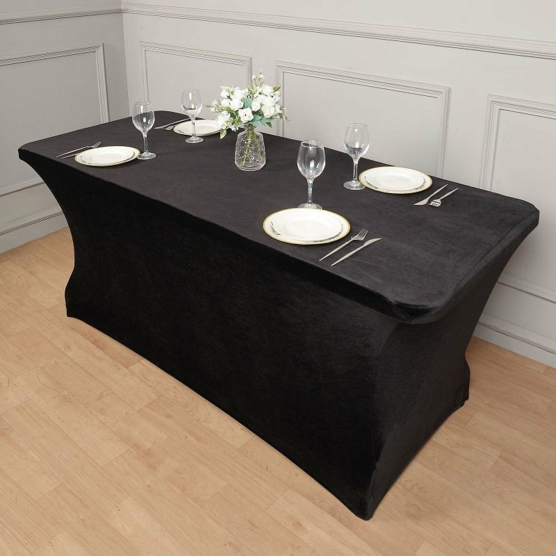 Black Premium Velvet Spandex Rectangle Tablecloth 6ft Wrinkle Free Fitted Table Cover for 72″x30″ Tables  |   Spandex & Fitted Spandex & Fitted Black