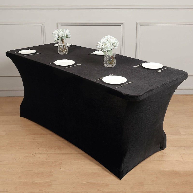 Black Premium Velvet Spandex Rectangle Tablecloth 6ft Wrinkle Free Fitted Table Cover for 72″x30″ Tables  |   Spandex & Fitted Spandex & Fitted Black