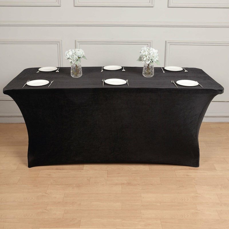 Black Premium Velvet Spandex Rectangle Tablecloth 6ft Wrinkle Free Fitted Table Cover for 72″x30″ Tables  |   Spandex & Fitted Spandex & Fitted Black