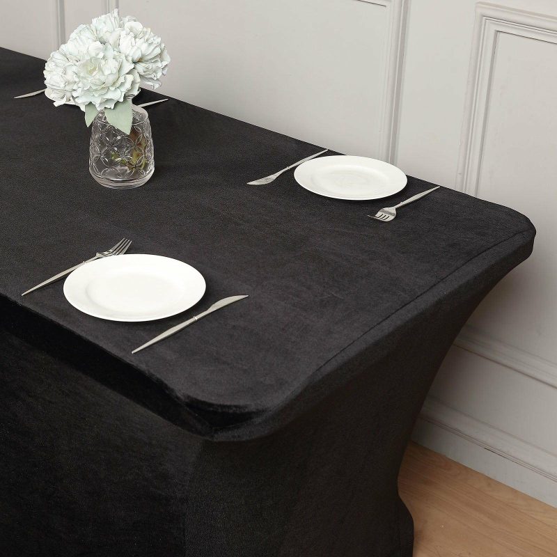 Black Premium Velvet Spandex Rectangle Tablecloth 6ft Wrinkle Free Fitted Table Cover for 72″x30″ Tables  |   Spandex & Fitted Spandex & Fitted Black