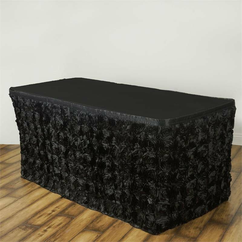 Black Rosette 3D Satin Table Skirt 17ft  |   Satin Shimmer Satin Shimmer Black