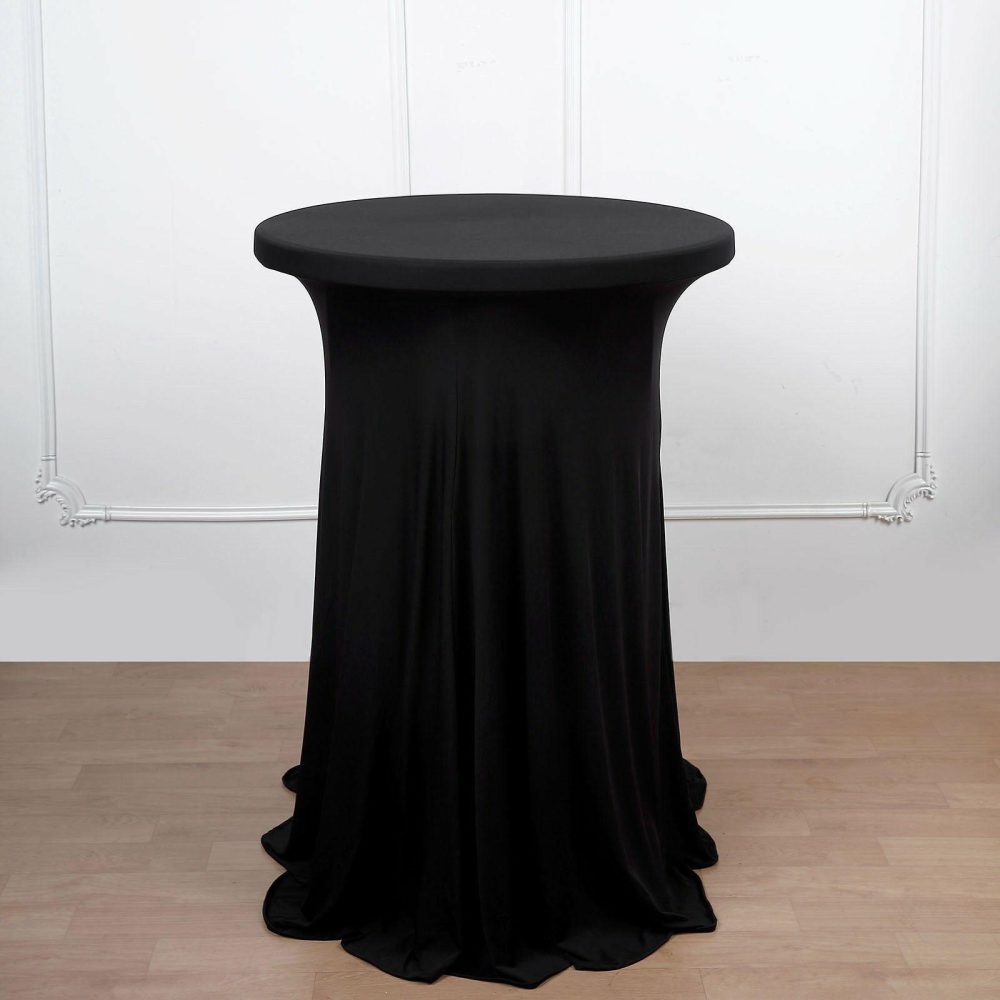 Black Round Spandex Cocktail Table Cover With Natural Wavy Drapes  |   Spandex & Fitted Spandex & Fitted Black